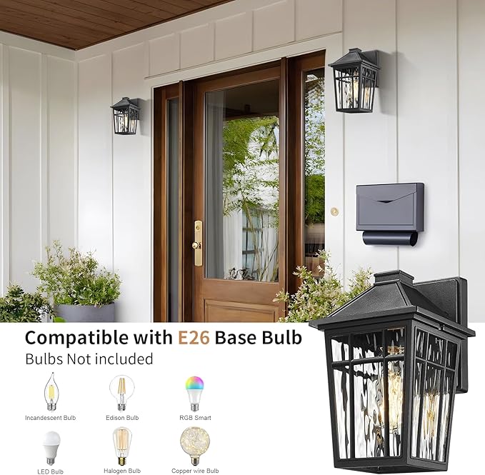 Darkaway Outdoor Wall Lights for House, 2pcs Exterior Lighting Fixtures Wall Mount Porch Lights Waterproof Outdoor Sconce Lights with Water Ripple Glass for Patio Hallway Garage