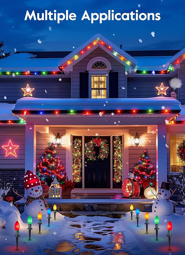 Brightown Frosted C9 LED Christmas Lights Outdoor, 2 Packs Total 64Ft Pathway Lights with 50 LED Bulbs and Stakes, Multicolor Christmas Decorations for Outside Driveway, Walkway, Sidewalk