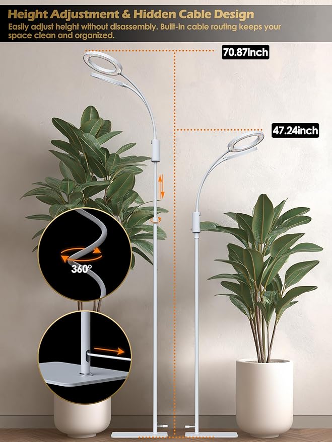 Smart Grow Lights for Indoor Plants, Plant Light with Auto-Timer, Full Spectrum LED Grow Light, Adjustable Height & Stepless Dimming,Plant Assistant Suitable for Most Plants (White, 48W)