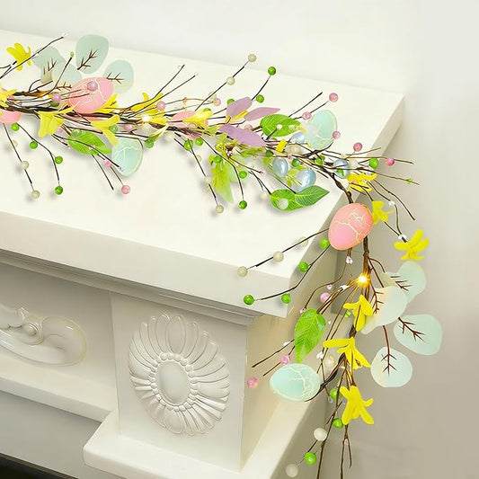 DR.DUDU 6 ft Easter Garland Decoration with Easter Eggs, Pre-Lit Artificial Hanging Floral Garland Spring Decor for Indoor Outdoor Home Kitchen Mantle Fireplace Holiday Party