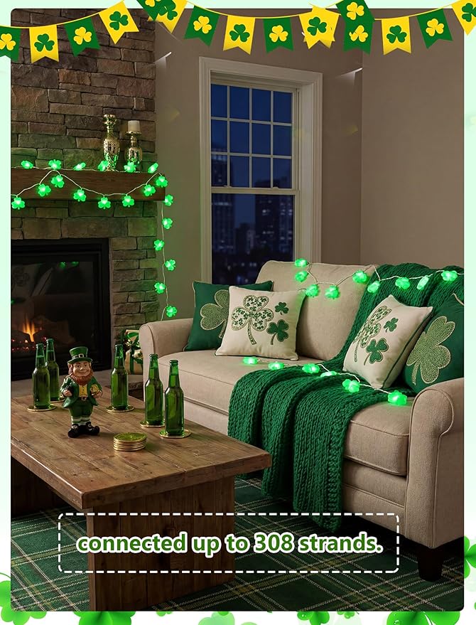 8.5Ft St patricks Day Lights Outdoor, Shamrock String Light Plug in with 10 LED Lucky Clover Lights, Green Clover for Irish Bedroom Home Garden Party Green Feast St. Patrick's Day Decorations