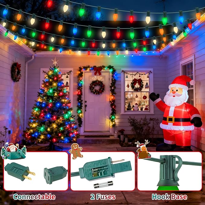 C9 Ceramic Multicolor Christmas String Lights, 25FT Vintage Christmas Lights Green Wire with 25+1 Multicolored C9 Light Bulbs, Hanging String Light for Xmas Tree Home Yard Party Decor, 7W, E17 Base