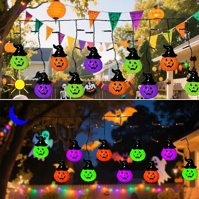 6FT 25LED Halloween Hooded Pumpkin String Lights, Icicle Light Strand with 10 Witch Hat Pumpkin Lights, 8 Lighting Modes, Battery Operated, Indoor Outdoor Holiday Decoration