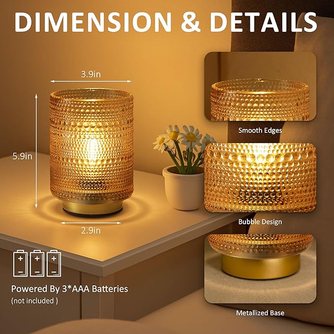 Battery Operated Decorative Lamp with Timer for Bedside/Bookshelf Decor,Cordless Small Accent Table Lamp with LED Warm Bulb for Nightstand/Entryway/Coffee Table/Office Cubicle/Dorm Room Decor(Gold)