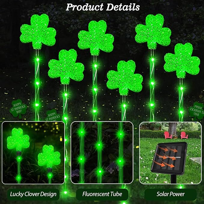 St. Patricks Shamrock Pathway Lights, 6pcs Green Lucky Clover Lights with 8 Lighting Modes, Solar Stake Lights Outdoor Waterproof, LED Landscape Light for Green Irish Decoration (Green - Clover)