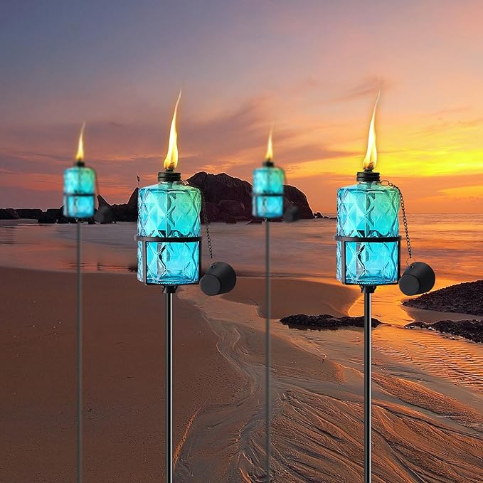 4 Pack Blue Glass Garden Torch 12 oz Outdoor Torch Garden Décor,60-Inch Upgraded Citronella Torches with 3-Prong Grounded Stake for Party Patio Pathway