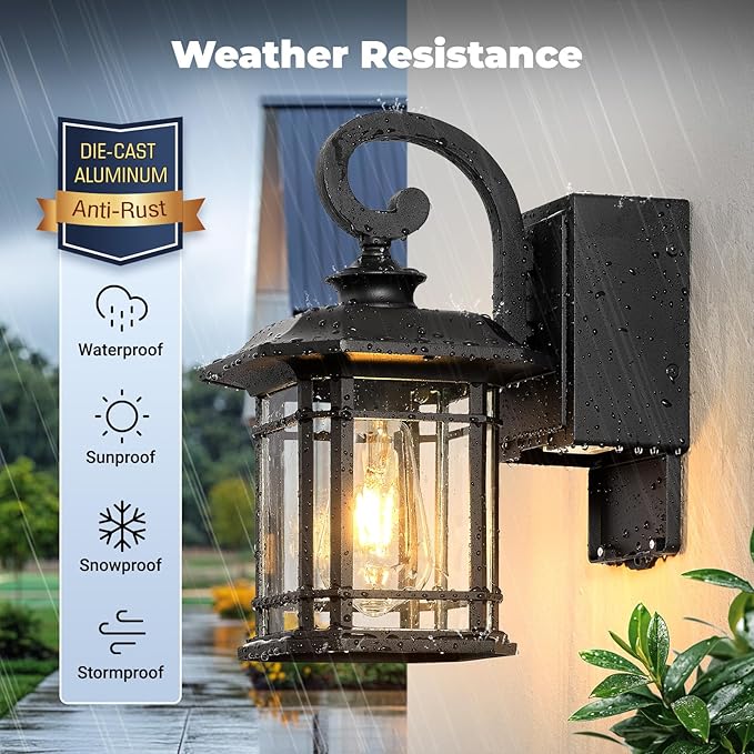 Black Dusk to Dawn Porch Light with GFCI Outlet, Anti-Rust Exterior Lights for House, Waterproof Outdoor Light Fixture with Outlet, Front Porch Light for Doorway, Yard, Patio, 100% Aluminum