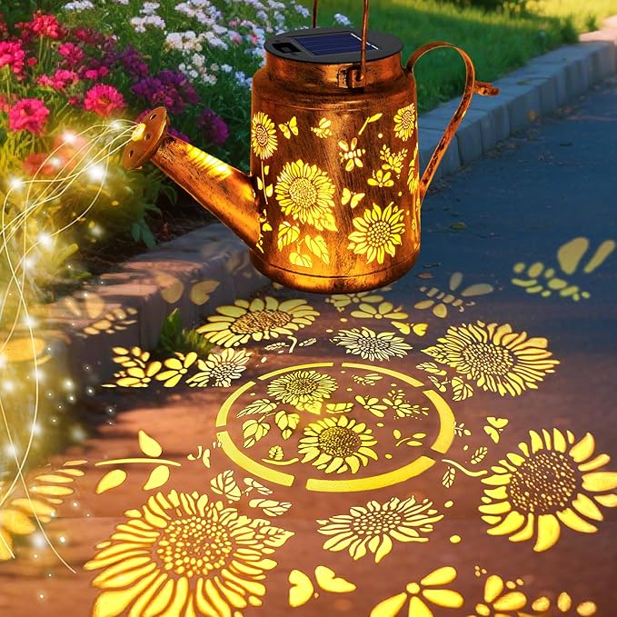 VOOKRY 2 Pack Sunflower Metal Solar Watering Can Lights, Solar Lights Outdoor Waterproof, Birthday Gifts for Women Mom Grandma, Hanging Lanterns Decorative Garden Decor for Outside Yard Patio Lawn