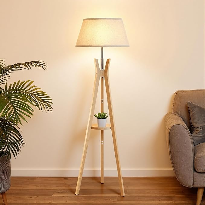 Floor Lamp with Shelf Table, Mid-Century Modern Corner Floor Lamp with Beige Linen Shade, Tall Standing Lamp with Bamboo Tripod Frame, E26 Base for Living Room Bedroom Office