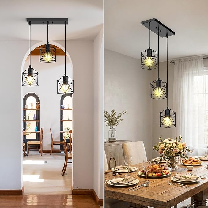 3 Light Pendant Lighting, Farmhouse Hanging Light Fixture for Kitchen Island & Dining Room, Industrial Vintage Ceiling Lamp with E26 Base, Adjustable Height, Matte Black