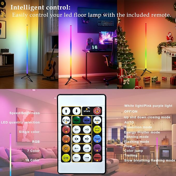 Corner Floor Lamp with Music Sync, Smart Modern LED Corner with Remote Control, RGB DIY LED Lamp Changing Ambience Light, Color Changing Standing Floor Lamp for Living Room Gaming Room
