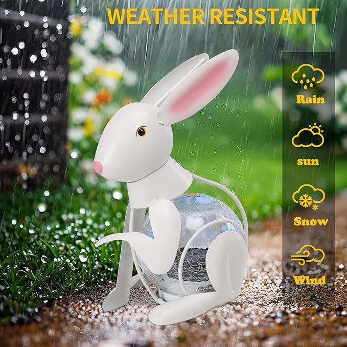 MUMTOP Metal White Rabbit Solar Lights Decorative, Bunny Easter Decorations Cracked Glass Light Tabletop Lantern, Spring Decor Solar Lanterns Outdoor Waterproof for Yard Patio Garden Easter Gift