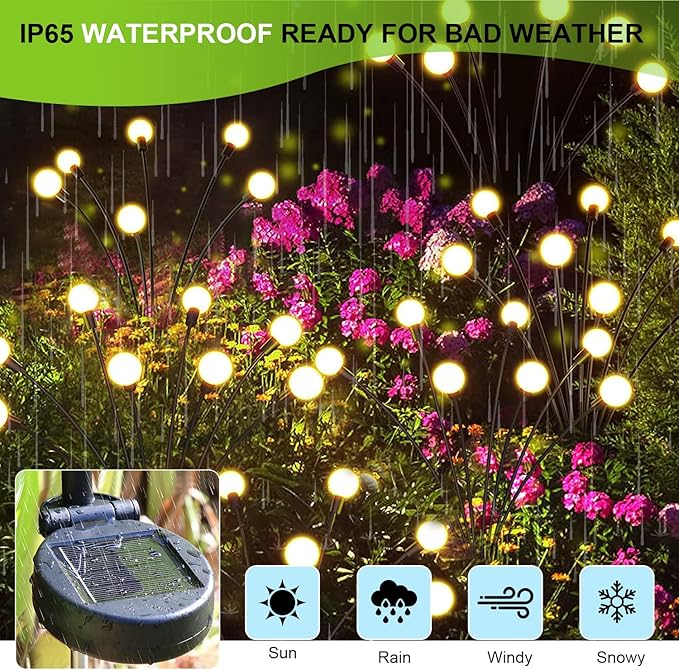 2 Pack Solar Garden Lights, 16 LED Waterproof Outdoor, Firefly Lights for Yard Patio Pathway Landscape Decoration, Sway by Wind, No Wiring, Warm White