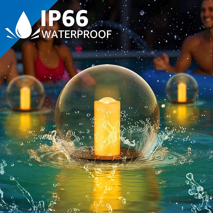 2-Pack 7.4x7.3 Solar Floating Pool Lights Ball Outdoor Water-Resistant IP66 Solar-Powered That Float Candles Flickering Lights for Swimming Pool Decor Pond Garden Party