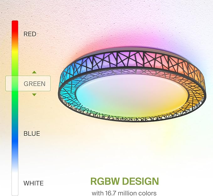 ASD 20 Inch Smart RGBW Flush Mount Ceiling Light with Remote - Matte Black 42W 120V 2700-6500K Dimmable Ceiling Light Fixture, WiFi App Control RGB Lights, Alexa & Google Assistant - ETL