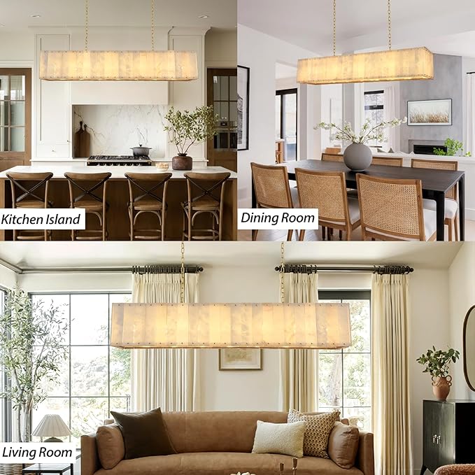 Alabaster Rectangular Chandelier L55in Spanish Natural Marble Rectangle Chandeliers,Modern Gold Large Alabaster Chandeliers for Dining Room over Table,Kitchen Island,Living Room,Included Bulbs