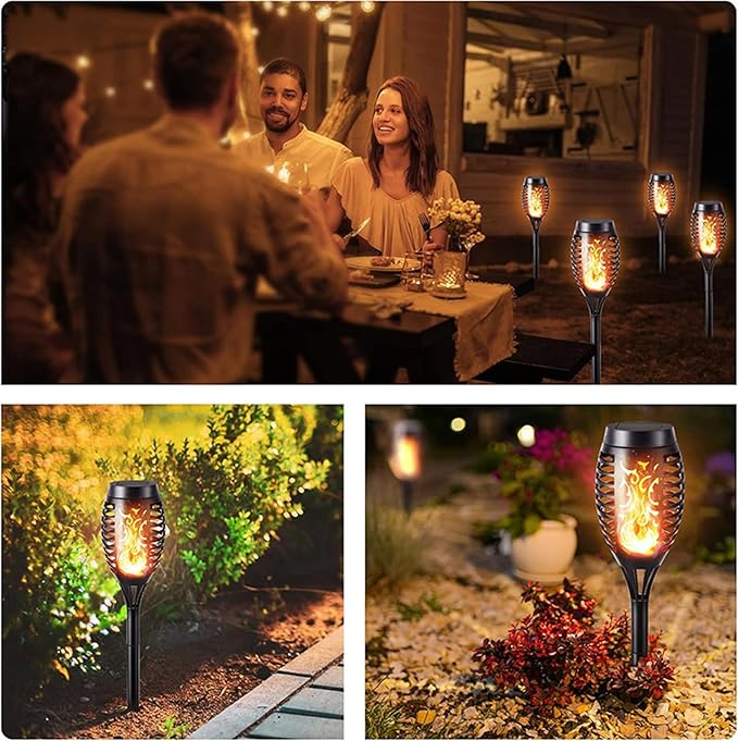 Solar Halloween Lights Outdoor, 2 Pack LED Torch Lights Flickering Flame, Waterproof Tiki Torches for Outside Landscape Decoration Lighting for Lawn, Yard, Halloween Decorations (Warm White-2 Pack)
