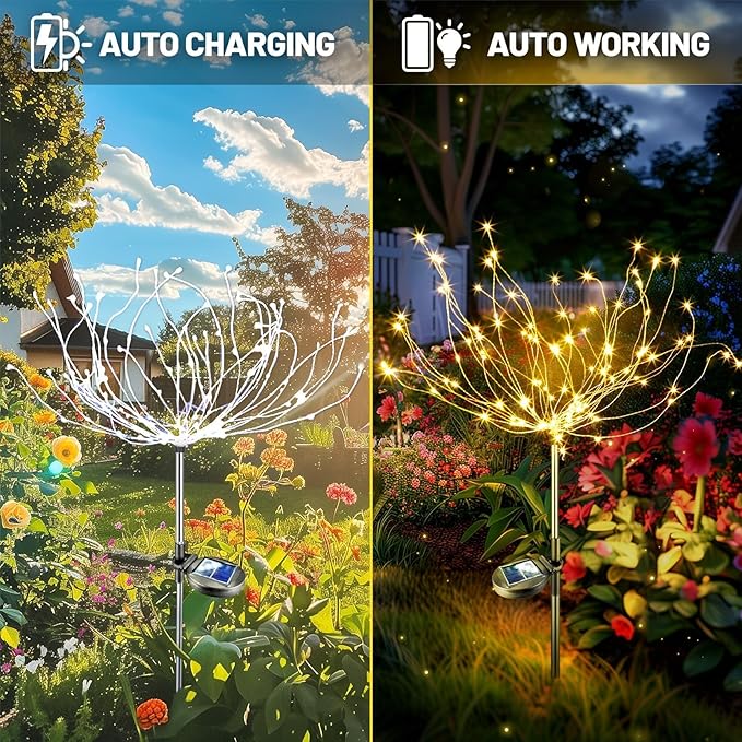 Anordsem Solar Garden Lights Outdoor: 120 LED Fairy Sparkler Firework Warm Lighting - Waterproof DIY Decoration Outside Yard Patio Flower Pot - Birthday Holiday Gifts for Women Grandma