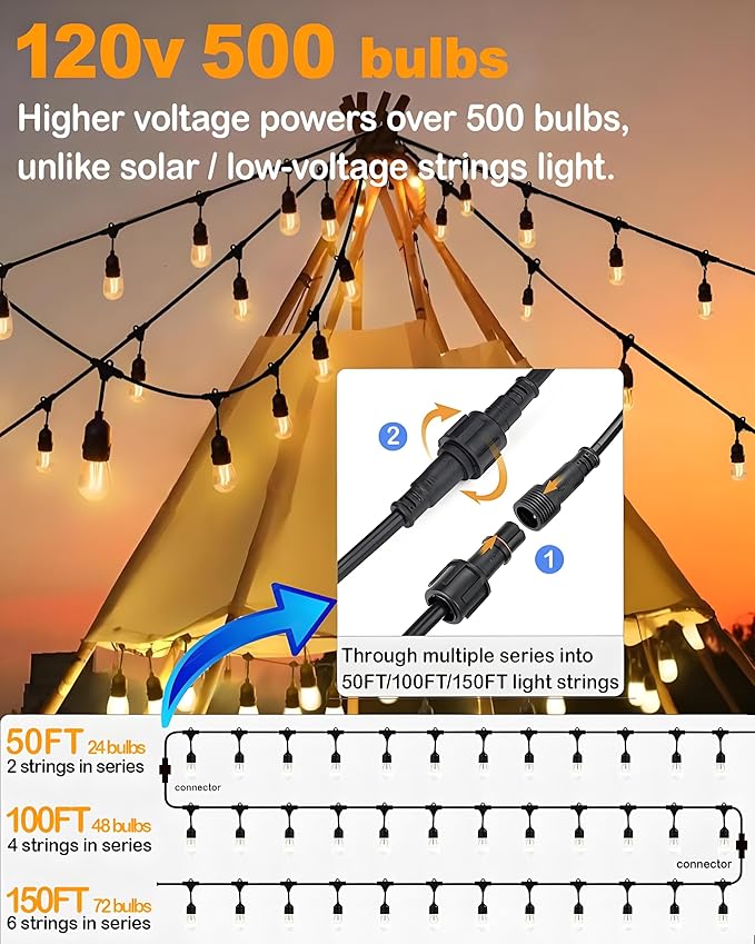 25FT Outdoor String Lights Waterproof, Patio Lights with 13 S14 Edison Bulbs, 120V LED Outside Lights for Porch, Balcony, Gazebo, Bistro, Garden, Backyard and Cafe Decor