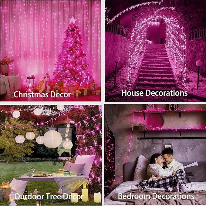 Pink String Lights for Valentines Day Decor, Plug in & Connectable 100 LED 33 Ft Clear Wire Fairy Christmas Lights for Bedroom Indoor Outdoor Girl's Room Valentines Aesthetic Romantic Decorations