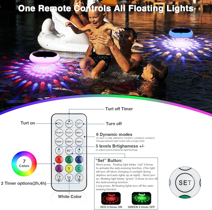 Solar Pool Lights(1 Pack), USB Rechargeable Floating Pool Lights with Remote, 6.69 Inch 2600mAh IP68 Waterproof RGB 6 Dynamic Modes Upper and Lower Glow Hangable Pool Lights that Float