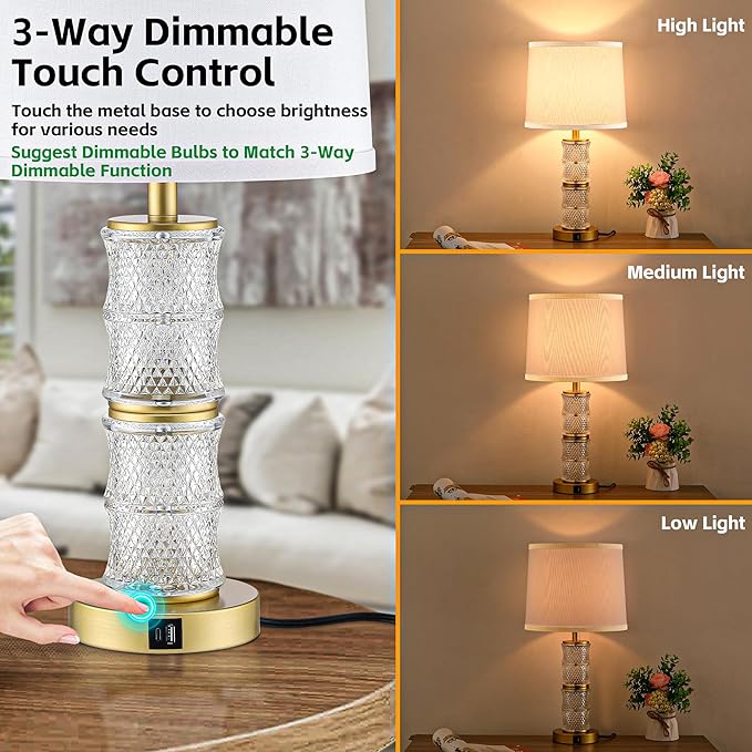 GRUENLICH Crystal Table Lamp Set of 2, 3-Way Dimmable Nightstand Lamp with Touch Control, USB C+A Charging Ports for Living Room Bedroom End Tables Office and Entryway （Gold）