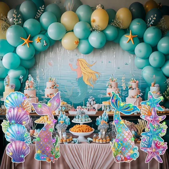 Bencailor 4 Pcs Mermaid Tails Outdoor Decorations Mermaid Seashell Starfish Yard Stake Signs with LED Light Large Ocean Theme Birthday Party Supplies for Outdoor Lawn Patio Garden Stand Decor