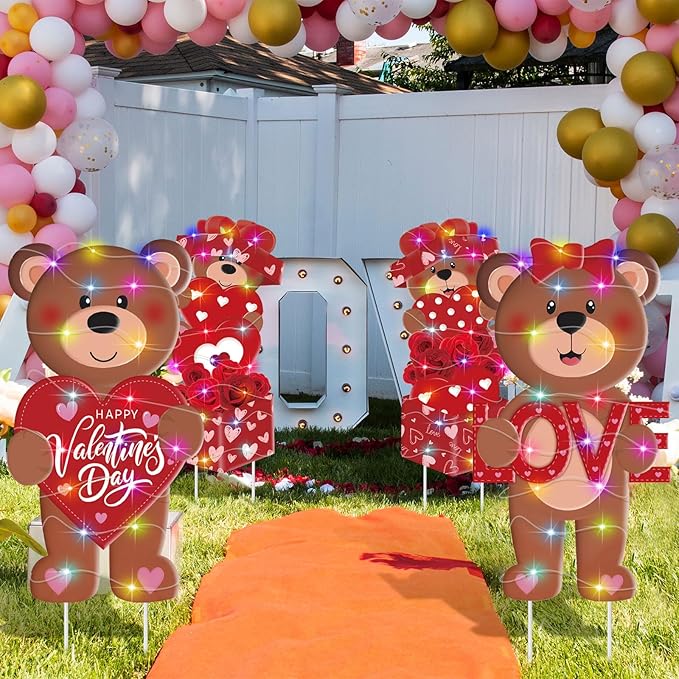 Bencailor 4 Pcs Valentine's Day Outdoor Decorations Valentine's Day Bear Yard Signs Stakes with LED Light Love Bear Heart Rose Lawn Decor for Holiday Lawn Patio Party Wedding Anniversary Decor