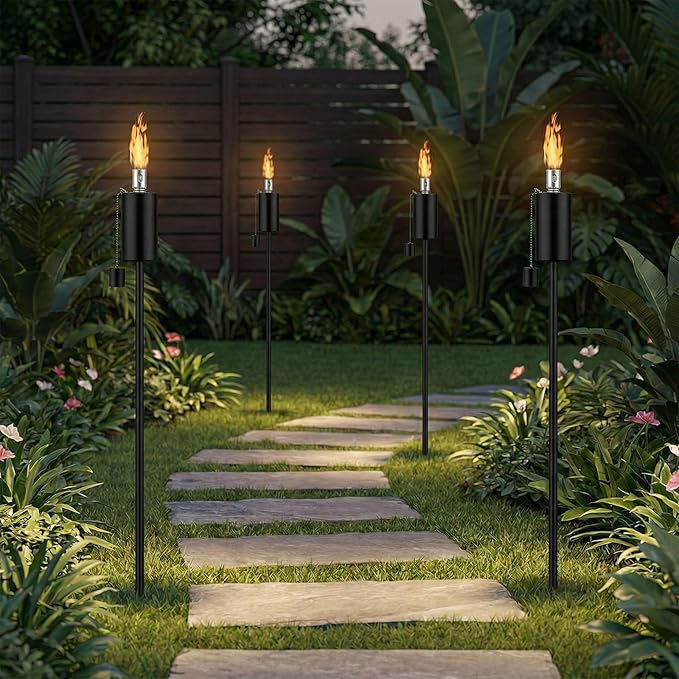 FAB BASED 55 Inch Outdoor Oil Torch Lamp–4 Pack Rustproof Stainless Steel Citronella Torches, 11.16 oz, Includes Funnel & Fiberglass Wicks for Patio Garden Backyard (Black)