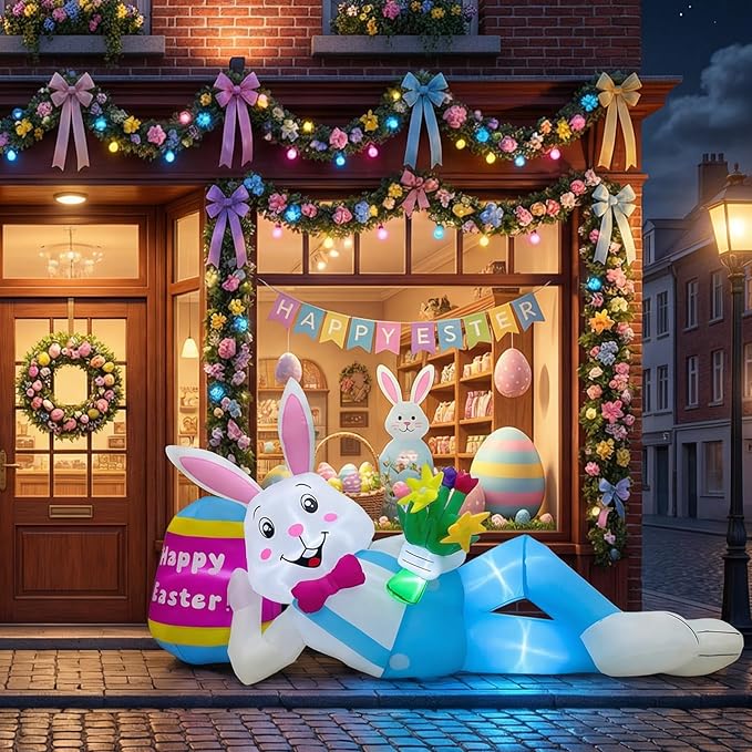 OurWarm 8FT Easter Inflatables Outdoor Decorations, Lying Inflatable Easter Bunny Decor with Egg, Easter Blow Up Yard Decorations with LED Lights, Easter Blow Ups for Outside Roof Lawn Yard Decor