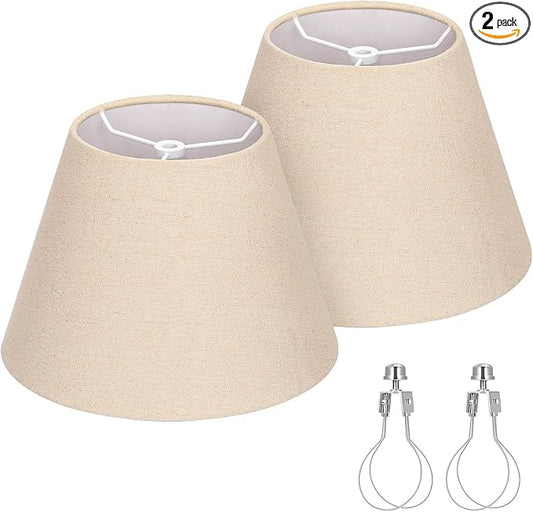 Seaside village Small Lamp Shades for Table Lamp, Natural Linen Lamp Shades Set of 2, 5.5" Top x 10" Bottom x 6.6" High, Brown Burlap Lampshade Replacement, Spider, Bulb Clip Adapters Included