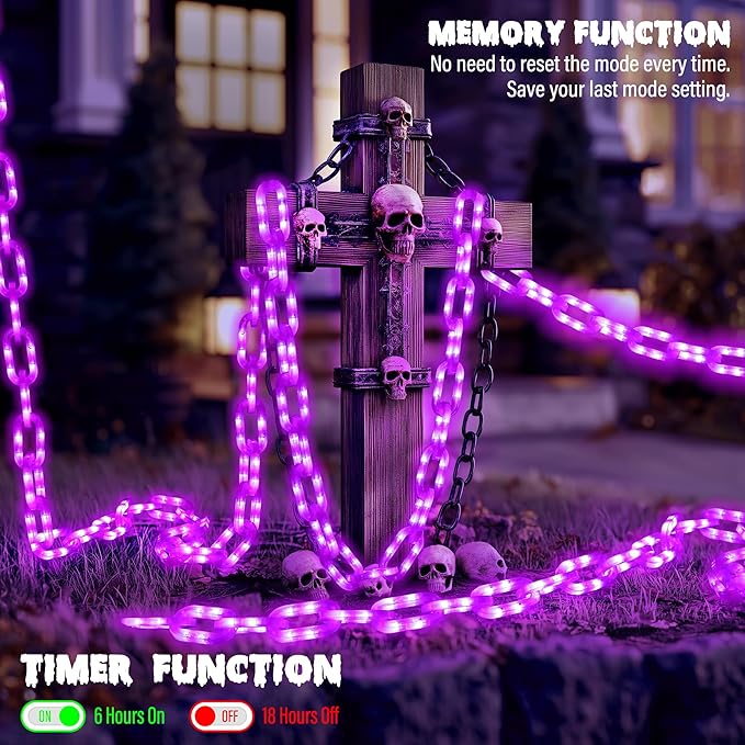 Joomer Battery Operated Halloween Lights Outdoor, 9.5 FT 160 LED Waterproof Halloween Decorative Plastic Chain String Lights, 8 Lighting Modes and Timer Function, Suitable for Outdoor Indoor (Purple)