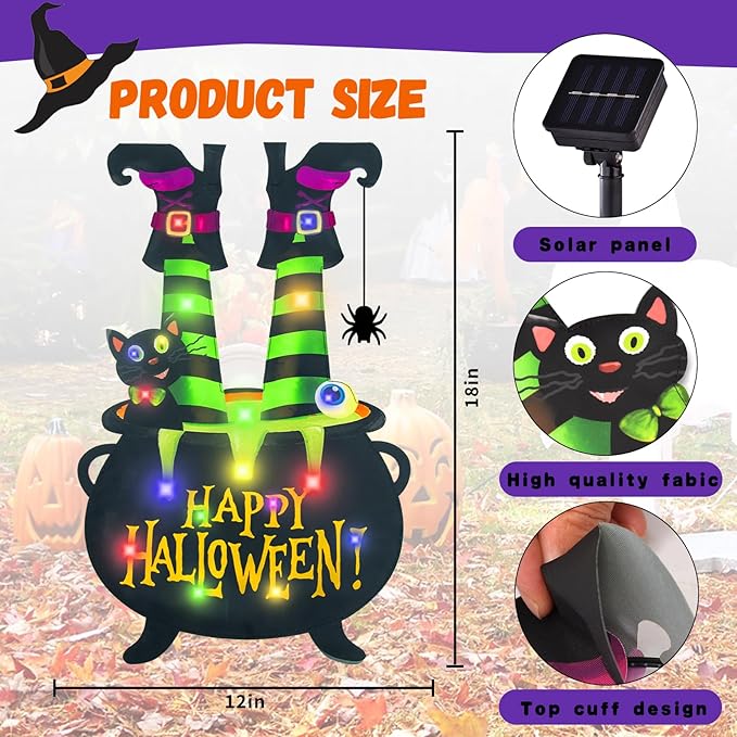 Halloween Lighted Garden Flag for Outside, Led Solar Yard Flag 8 Modes Witch Feet Shape Flag, 28x41 Double Sided Cauldron Eyeball Black Cat Decorations for Home Porch