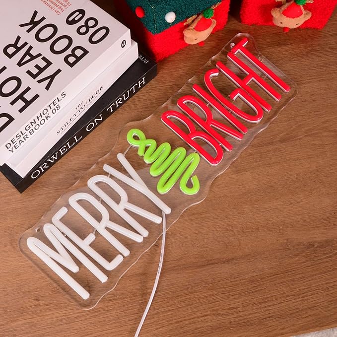 Merry and Bright Neon Lights Wish you a Nice Christmas Quotes LED Signs Christmas Tree for Shop Coffee Store Cafe Apartment Family Light up Xmas Party Wall Decor