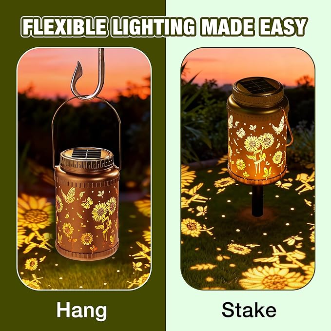 Cooo 6 Pack Valentines Day Gifts for Him Her Solar Lanterns Outdoor Waterproof Sunflower Butterfly Solar Pathway Lights Landscape Path for Outdoor Table Lamps Garden Yard Backyard Decor -Gold