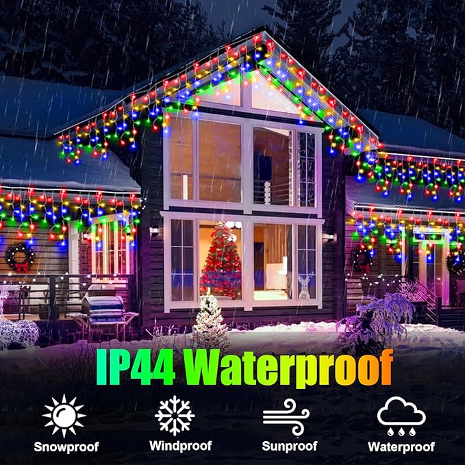 Christmas Lights Outdoor, 49FT 450 LED Ice Lights for Outside, Ice String Lights with 8 Modes, Waterproof Timer Memory Hanging Light for Eaves Party Yard Garden(Multicolor)