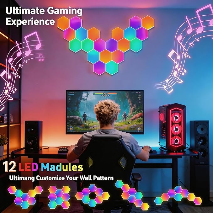 TISOFU Hexagon LED Lights - 12 Pack RGB Wall Panels, Modular Smart Light Panel with Music Sync, Remote & APP, Honeycomb Lights Wall for Gaming Room, Bedroom Decor, Kids, Adults, Gift
