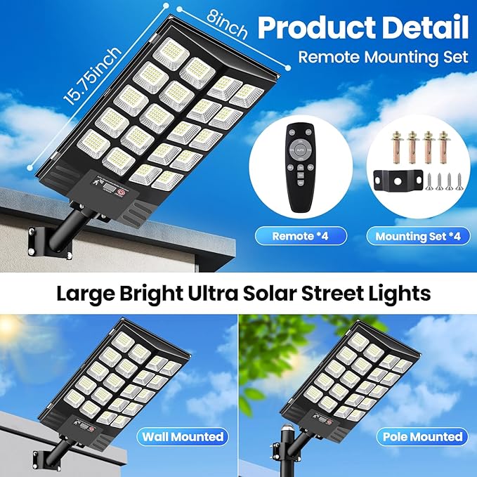 4 Pack 16" Large Solar Street Lights Outdoor Waterproof - Solar Powered Security Parking Lot Light Dusk to Dawn 60000LM,Motion Sensor Commercial LED Solar Flood Lights Remote Control for Outside Yard