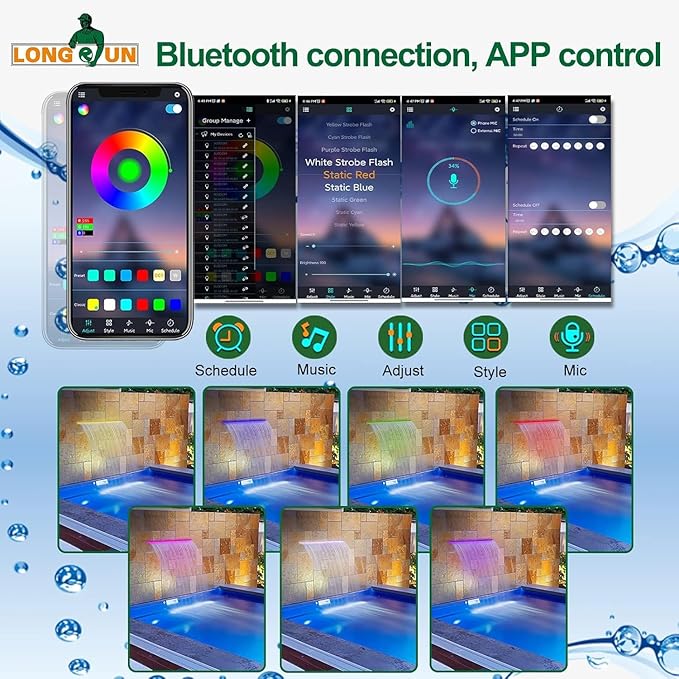 Longrun LED Fountain Light,Waterfall LED Light Strip,Remote and APP Control Waterproof Aluminum LED Lights for Pool Water fall Fountain,Pond Waterfall Spillway Landscape Lighting Decoration(11.22Inch)