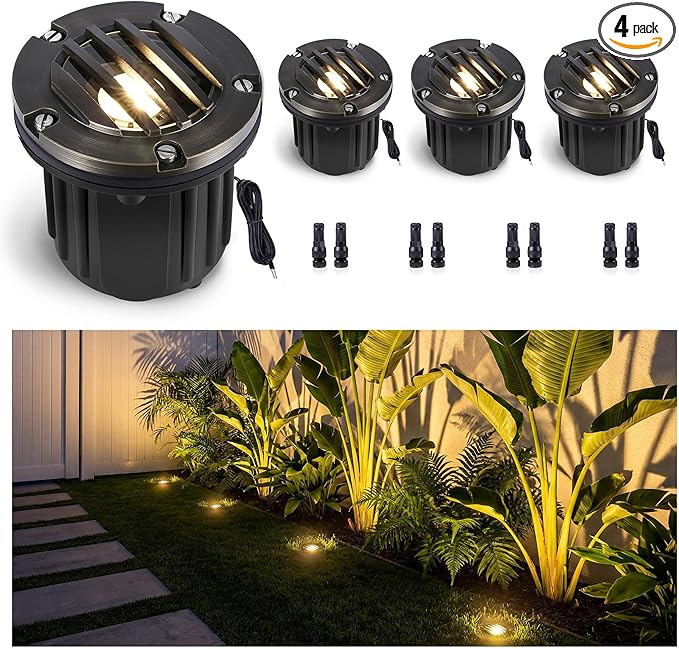 Gardenreet Landscape Well Light - Brass Low Voltage Ip65 Waterproof In-Ground Lighting, 12V LED Wired Outdoor Fixture, Antique Bronze for Lawn Wall Walkway Without MR16 Bulb