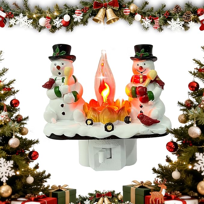 2025 Christmas Night Light, 3D Christmas Snowman Campfire Nightlight, Christmas Eve Campfire Flickering Night Light Gifts for Family, 120V Plug-in Powered for Festive Ambiance
