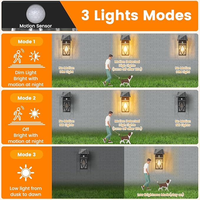 4 Pack Solar Porch Lights Outdoor, Dusk to Dawn & Motion Sensor Solar Wall Light with Lantern Shape, 3 Modes IP65 Waterproof, E26 Bulb Exterior Sconce for Front Porch, Garage, Patio Security