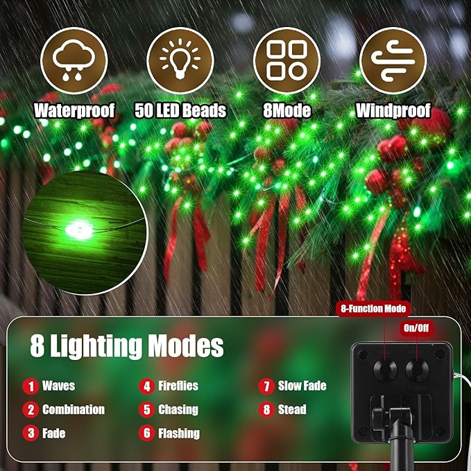 12 Pcs Solar String Lights Solar Mini Teeny Tiny Fairy Firefly Twinkle Light Waterproof 16ft 50 LEDs Garden String for Outdoor Garden Backyard Christmas Decoration(Green Light)