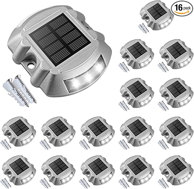 VOLISUN Solar Deck Lights Driveway Dock Lights, 16-Pack Led IP68 Waterproof Outdoor Warning Step Lights for Driveway Sidewalk Garden Pathway Yard(White, Auto On/Off