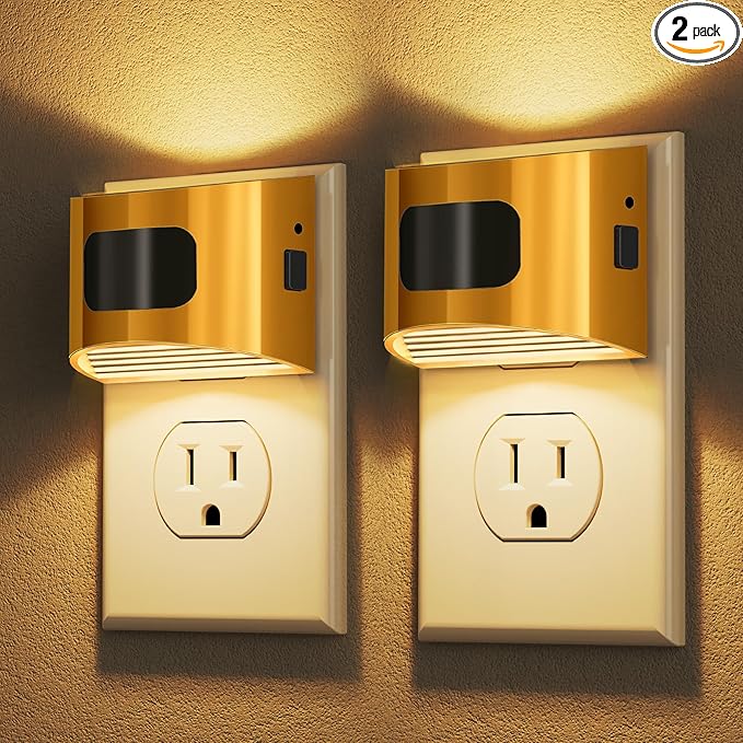 DORESshop LED Night Light[2 Pack], Night Lights Plug into Wall, 3 Mode Plug in Night Light with Motion Sensor, Dusk to Dawn Sensor, Nightlights for Adults, Bedroom, Bathroom, Hallway, Golden Cover