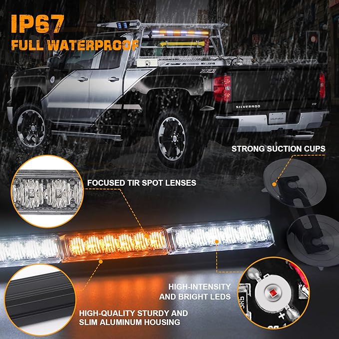 XRIDONSEN 35 inch Traffic Advisor Light Bar 48 LED Strobe Lights Amber White Emergency Safety Warning Hazard Front/Rear Window Display Controller for Construction Vehicles plow/Tow Trucks Wreckers