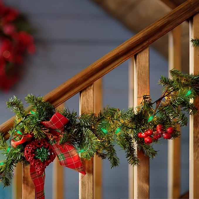 WATERGLIDE C6 Christmas Lights, 33ft 100 LED Faceted String Lights Green Wire Fairy Lights with 29V Safe Adaptor, 8 Lighting Mode, Waterproof for Indoor Outdoor Patio Xmas Tree Party Decor, Green