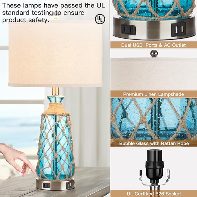 25.5" Coastal Glass Table Lamps Set of 2, 3-Way Dimmable Touch Control Bedside Lamps with 2 USB Ports and AC Outlet, Blue Nautical Nightstand Lamps for Bedroom Living Room (LED Bulbs Included)