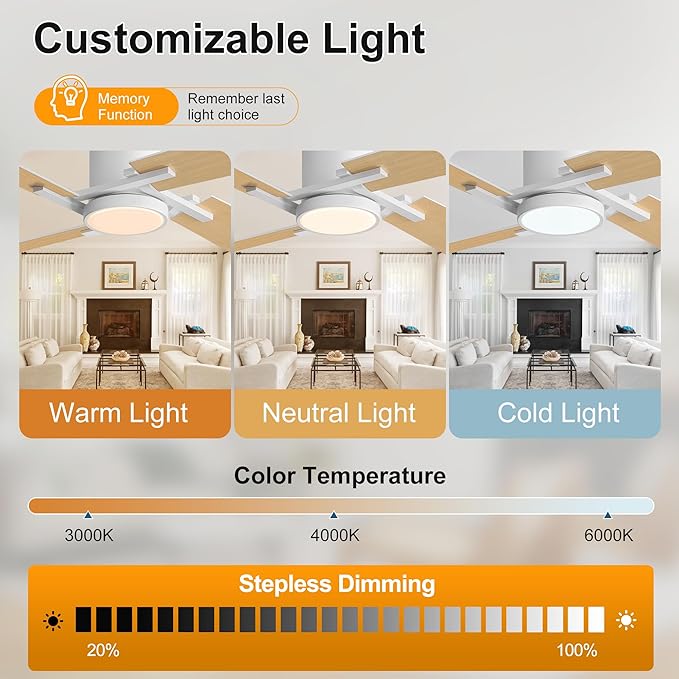 WINGBO 48" Flush Mount Ceiling Fan with Light - 4 Plywood Blades, 6-Speed Reversible DC Motor, Dimmable, 3CCT, Noiseless Low Profile Ceiling Fans and Light for Bedroom Living Room, White and Oak/White