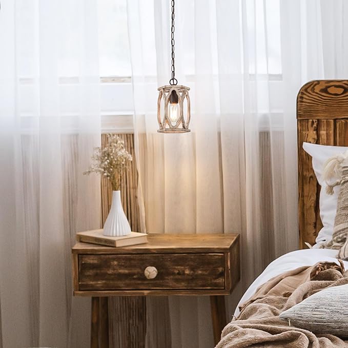 KSANA Farmhouse Pendant Light, Wood Rustic Cage Lantern Hanging Light Fixture for Kitchen Island, Foyer, Hallway, Bedroom and Entryway